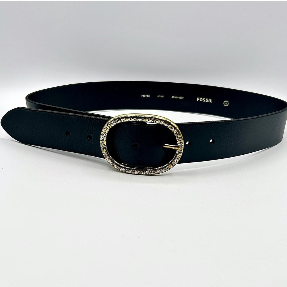 Fossil Vintage Oval Belt Etched Leaf Buckle Black Leather Size S BT4345001